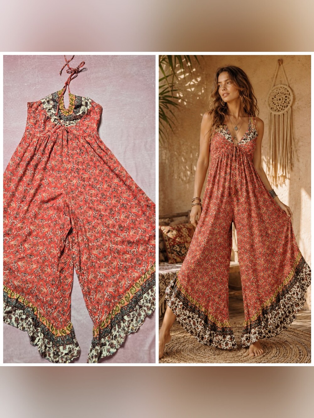 Sivana Bohemian Floral Ruffle Smocked Harem Wide-Leg Jumpsuit Size Large